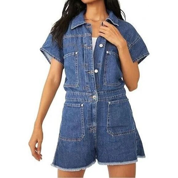 We The Free OB1417588 Women's Sz S Blue Denim Work Hard Play Harder Romper - Picture 10 of 10